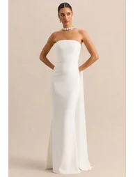 Alina | White Bandeau Maxi-Dress With Cape - 4