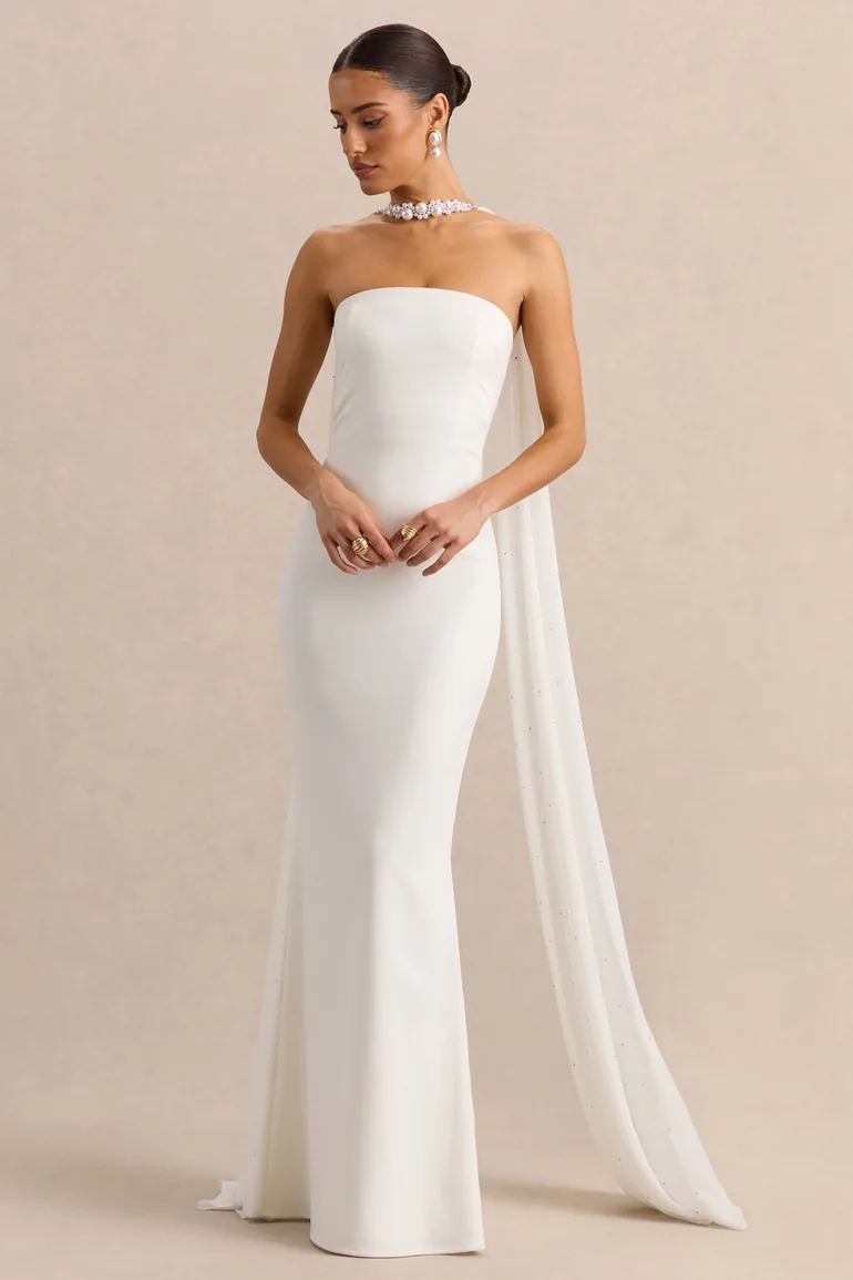 Alina | White Bandeau Maxi-Dress With Cape