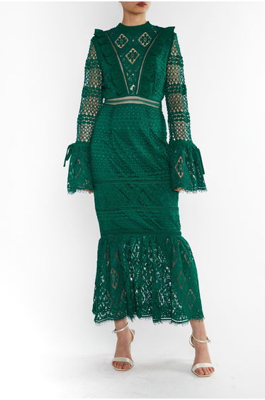 Jenna Emerald-Green Peplum-Sleeve Lace Midi Dress