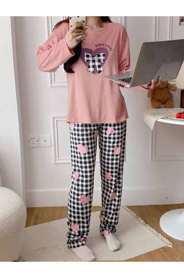 Pink Heart Long Sleeve T-Shirt and Checked Pyjama Set