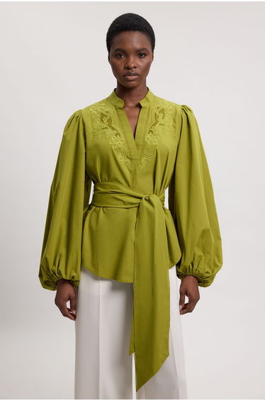 Poplin Embroidered Detail Belted Blouse