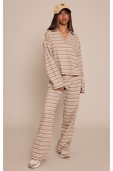 Petite Beige Striped Wide Leg Trousers