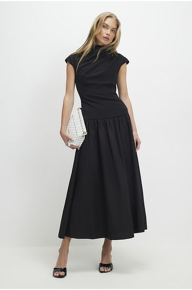 Black Short Sleeve Hybrid Drape Maxi Dress