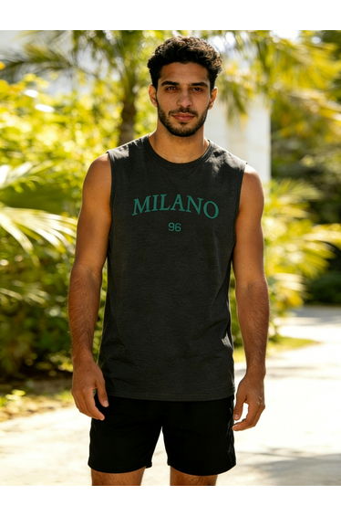 Men Charcoal Text Print Round Neck Tank and Shorts Co-Ords