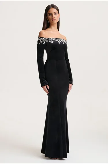 Fern | Black Velvet Embellished Bardot-Neck Maxi Dress