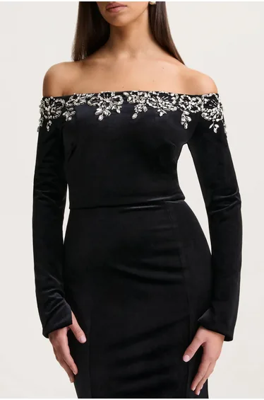 Fern | Black Velvet Embellished Bardot-Neck Maxi Dress