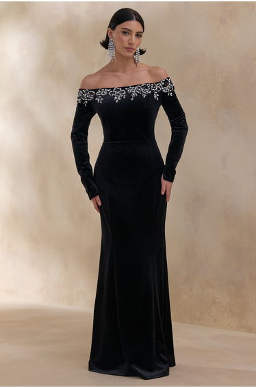 Fern | Black Velvet Embellished Bardot-Neck Maxi Dress
