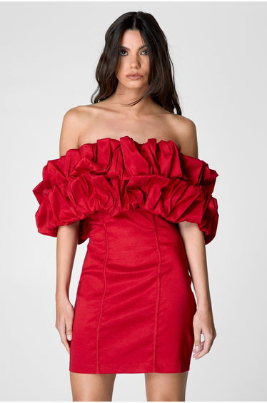 Taffeta Ruched Bardot Mini Dress