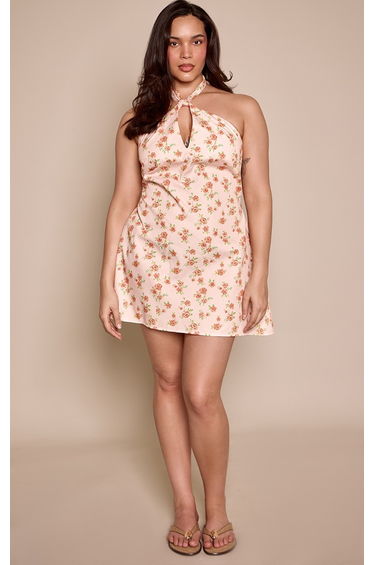 Plus Orange Ditsy Floral Print Halterneck Shift Dress