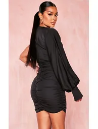 Black One Sleeve Ruched Woven Bodycon Dress - 1
