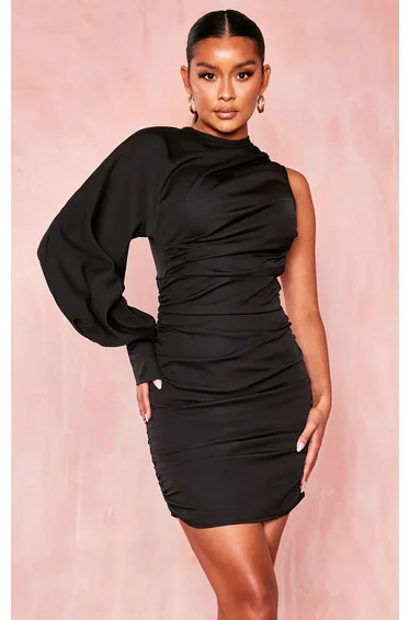 Black One Sleeve Ruched Woven Bodycon Dress