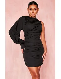 Black One Sleeve Ruched Woven Bodycon Dress