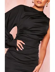 Black One Sleeve Ruched Woven Bodycon Dress - 3