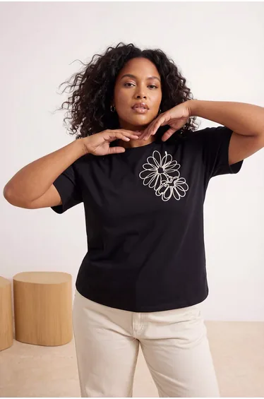 Black 100% Cotton Regular Fit Floral Embroidered Knitted Plus Size T-Shirt