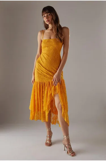 Lace Strappy Drop Waist Ruffle Midi Dress