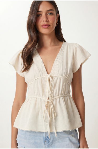 ISTANBUL Viscose Poplin V-Neck Tie Blouse