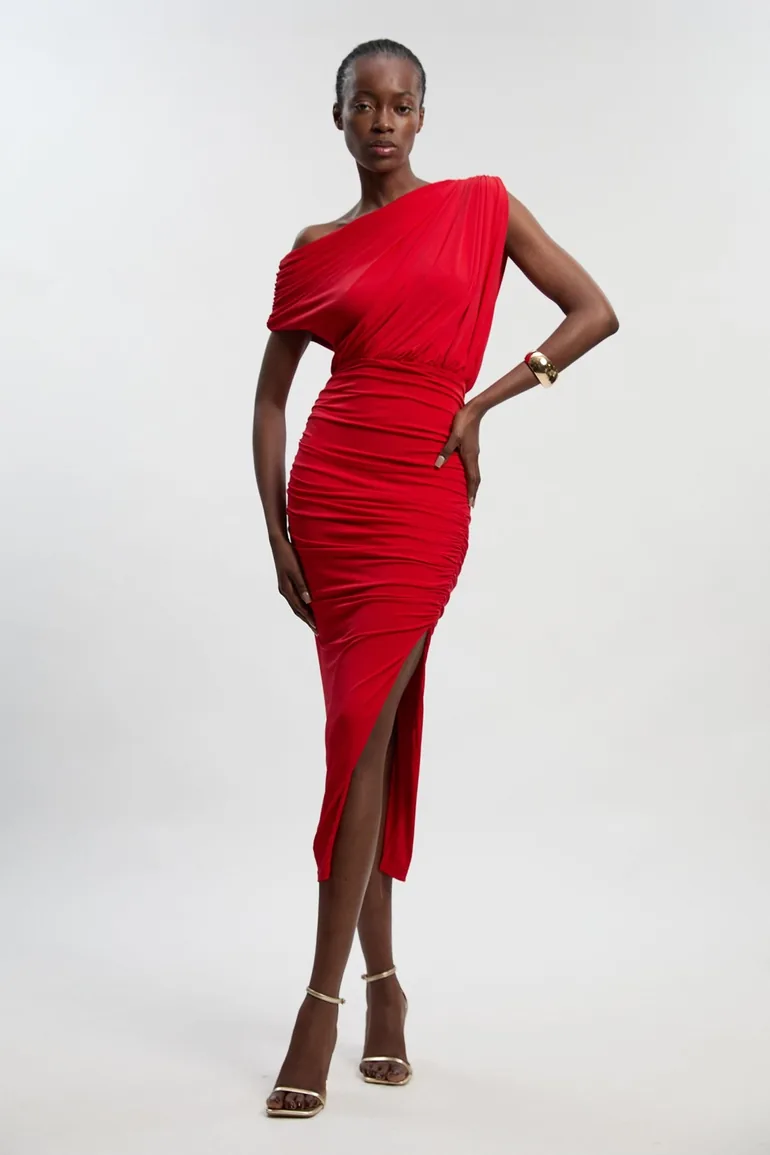 Jersey Crepe Asymmetric Neckline Maxi Dress