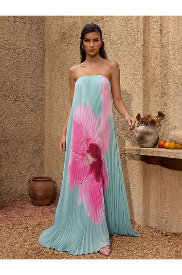 Yexila Strapless Floral Pleated Maxi Dress