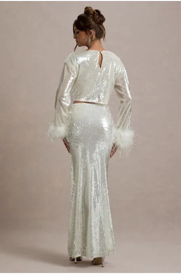 Raia | Sand Sequin Split Maxi Skirt