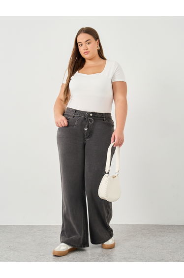 Plus Wide Leg Jeans with Self Tie-Waist