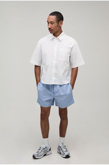Relaxed Mid Length Micro Check Short - blue