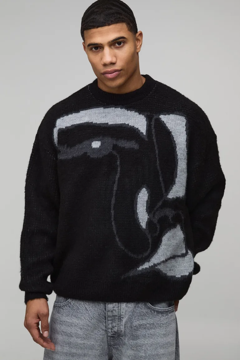 Oversized Boxy Brushed Face Graphic Knitted Jumper - charcoal