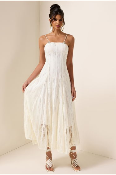 Béatrice Lace Rhinestone Maxi Dress in White