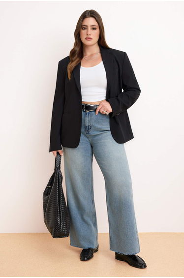 Blue Cut-Off Extra High Elastic Waist Wide Leg 100% Cotton Jeans