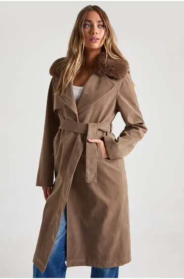 Belted Suede Trench Coat With Fur Collar - taupe