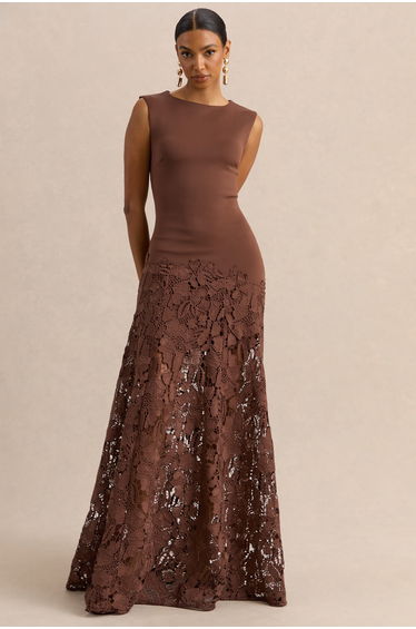 Calune | Brown Lace Wide-Neck Maxi Dress