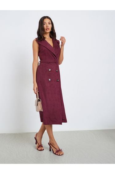 Women Suede Look Sleeveless Blazer Midi Dress