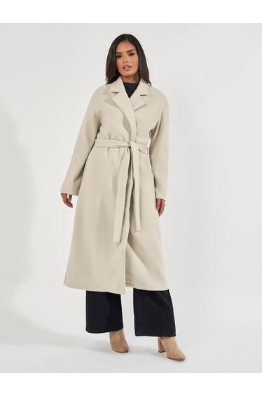 Regular Fit Midi Belted Wool Like Coat