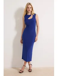 Cobalt Bodycon Sleeveless Accessory Detail Midi Stretchy Knitted Dress