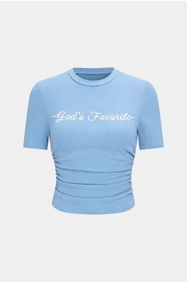Letter Embroidery Round Neck Ruched Short Sleeve T-Shirt