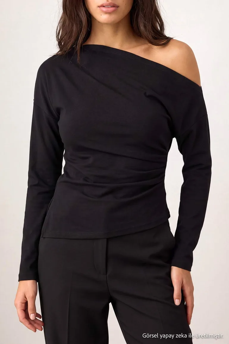 Black Plain Fitted/Asymmetrical Neck Low Sleeve Scuba Crepe Knitted Blouse - 5