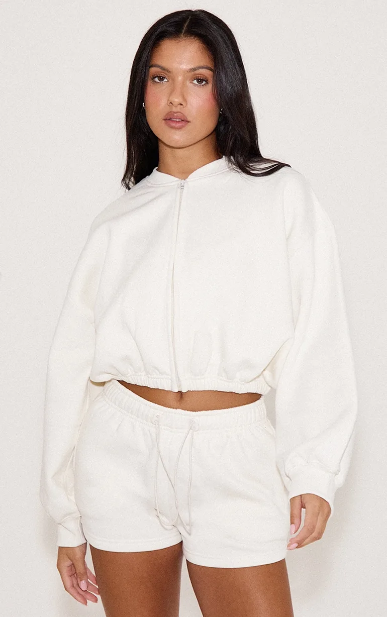 Off White Drawcord Waist Cropped Zip Up Sweatshirt - 3