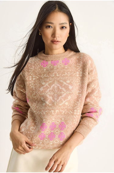 LUCCI Ethnic Pattern Long Sleeve Crew Neck Sweater