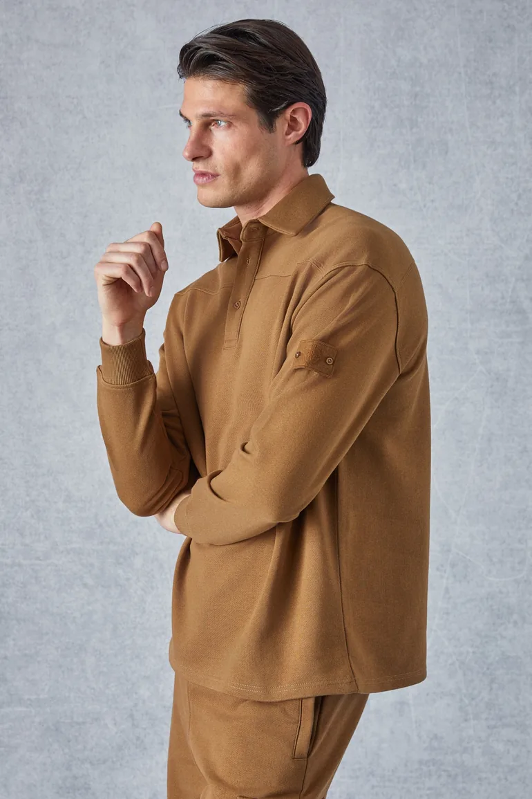 GRIMELANGE AATROX Men's Polo Collar Buttoned Long Sleeve Regular Fit Embroidered Dark Brown Sweatshirt - 3
