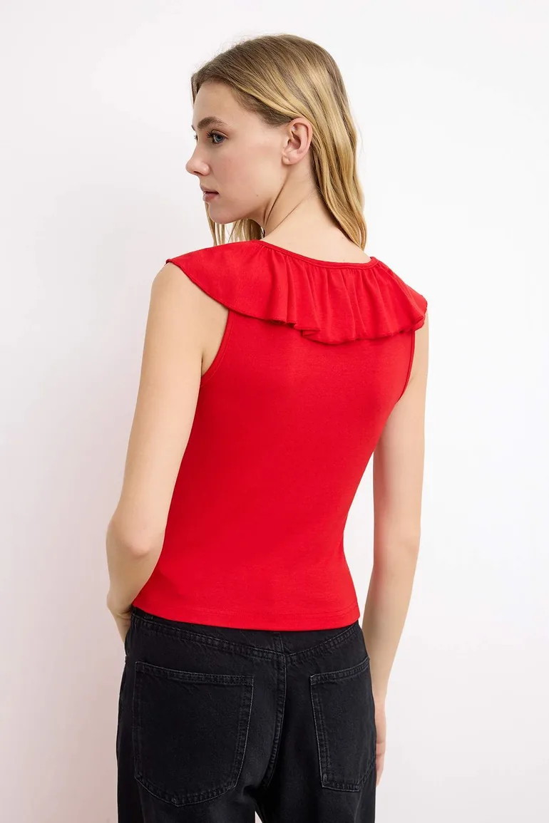 Red Fitted/V-Neck Flounced/Ruffled Premium Soft Knitted Blouse - 3