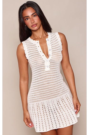 Petite Cream Sheer Knitted Button Up Flowy Mini Dress