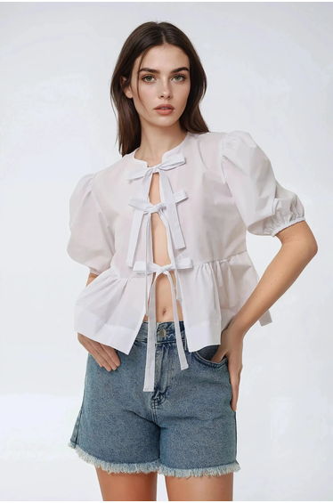 Cotton Crew Neck Blouse with Bow Detail