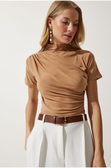 Women's Biscuit Gathered High Neck Knitted Blouse
