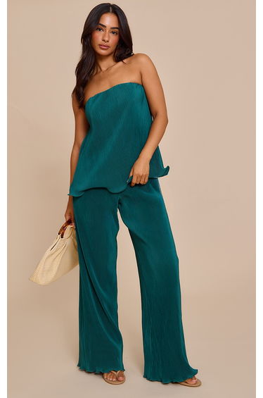 Petite Teal Plisse Frill Edge Wide Leg Trousers