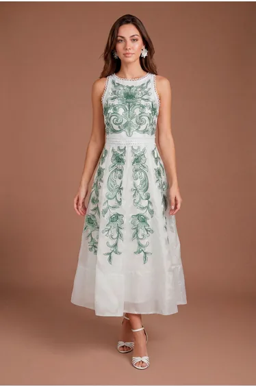 Embroidered High Neck Panel Detailed Midi Dress