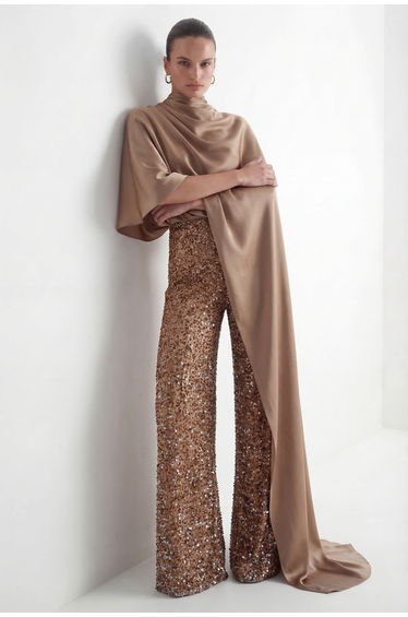Immaculate Chicness Khaki Satin Cape Top & Sequin Pants Set