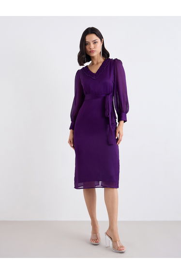 Purple Ruffled V Neck Tie Up Midi Dress