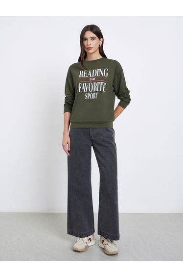 Olive Slogan Print Long Sleeve T-Shirt