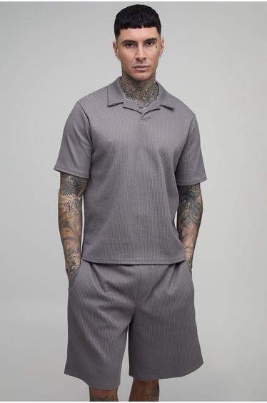 Tall Boxy Pleated Revere Polo & Baggy Shorts Set - charcoal