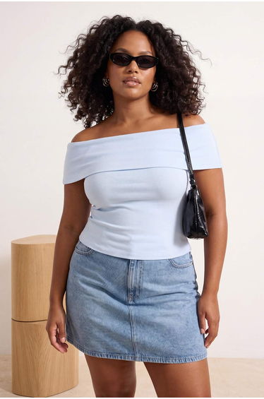 Light Blue Carmen Collar Soft Buttoned Viscose Ribbed Knitted Plus Size Blouse