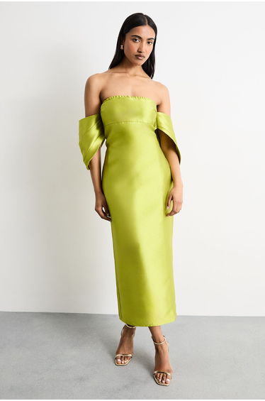 Structured Puff Sleeve Bardot Midi Dress